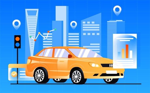 Car insurance with a shield and buildings in the background, vector illustration