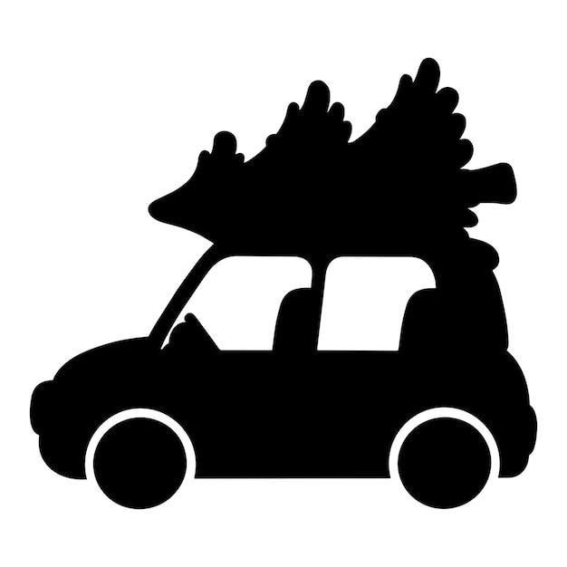 The car is carrying a Christmas tree Black silhouette Design element Template for books stickers posters cards clothes