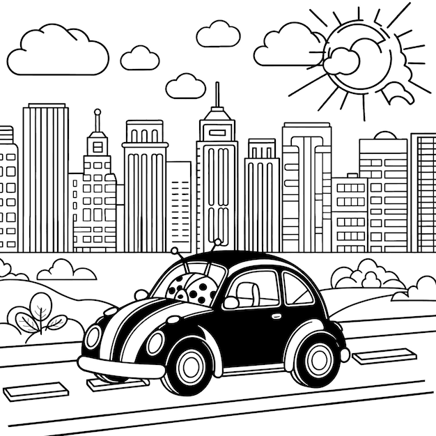 Car is driving down a road in the city Coloring page for kids