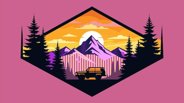 Vector a car is parked in front of a mountain with trees in the background