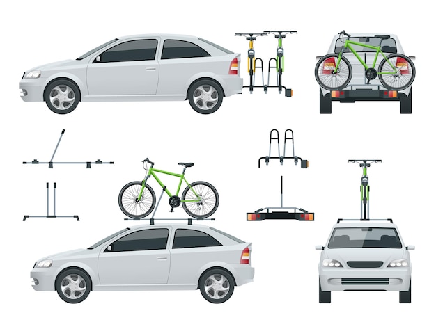 車は屋上で自転車を輸送し、バンの後ろに自転車を積み込みます。側面図と背面図。フラットなスタイルのベクトル図は、白い背景で隔離。