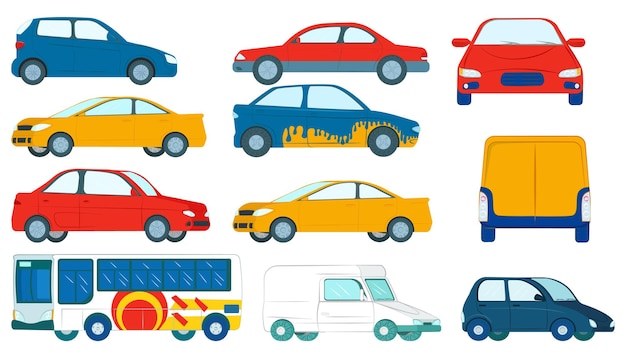 Car isolated on white set vector illustration colorful flat vehicle automobile transport with wheel ...