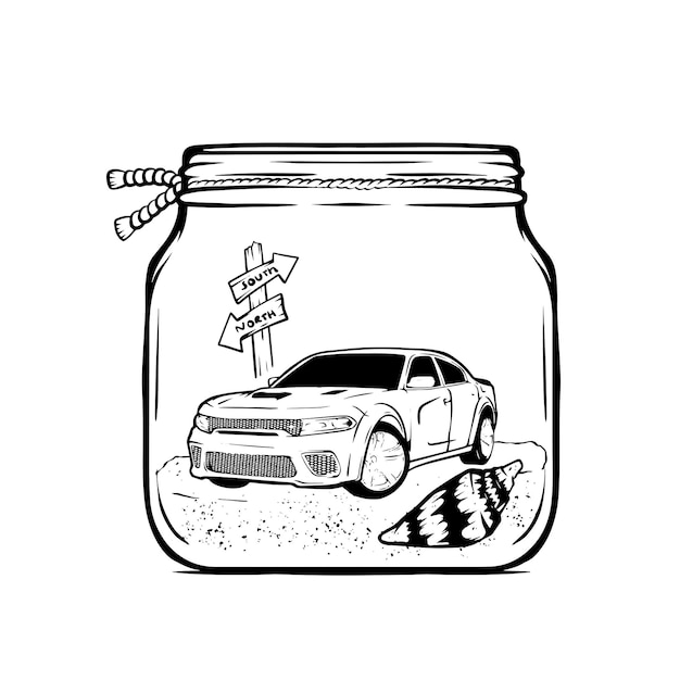 Vector car in a jar line art illustration