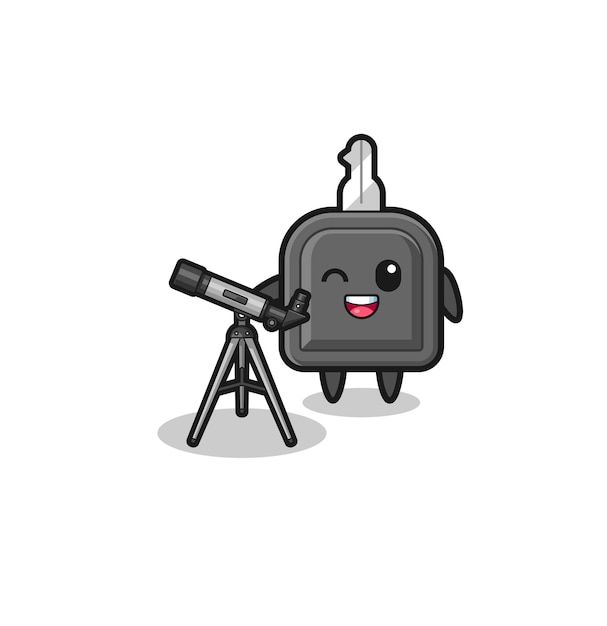 Car key astronomer mascot with a modern telescope