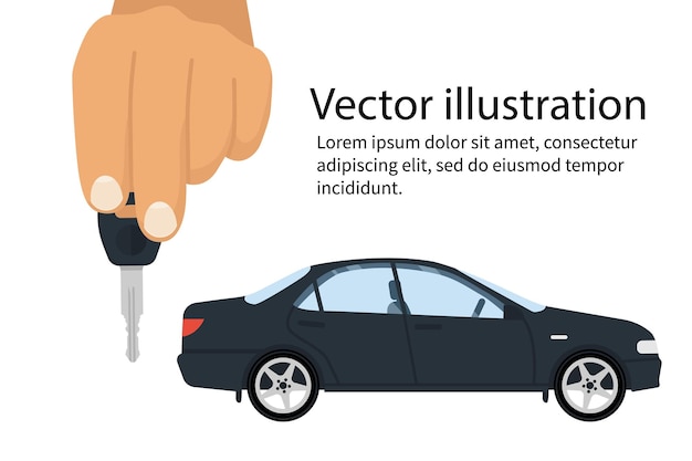 Car key in hand vector illustration flat design vehicle isolated on background maybe as a template for the sale purchase rental presentation give show keys