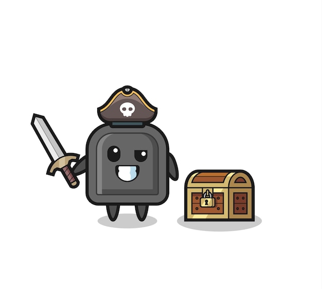 The car key pirate character holding sword beside a treasure box , cute style design for t shirt, sticker, logo element