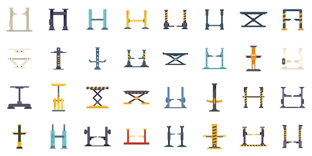 Car lift icons set flat vector Auto garage