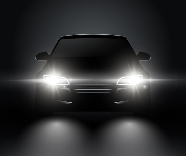 Car lights realistic front silhouette view. Automobile vector car headlights in darkness