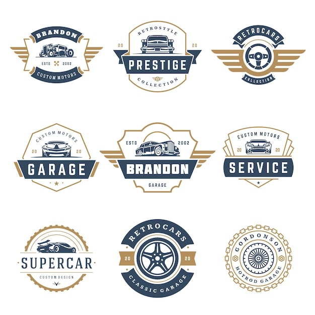 Car logos templates vector design elements set vintage style emblems