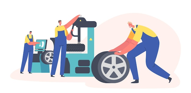 Car Maintenance and Fixing Service Workers Change Automobile Tires at Garage Male Characters Wear Uniform Mount Tyres at Mechanic Workshop Vehicle Repair Service Cartoon People Vector Illustration