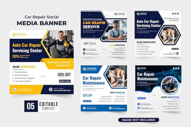 Car maintenance service garage promotion poster bundle design for marketing Vehicle repair business advertisement web banner collection Automobile maintenance social media post set vector