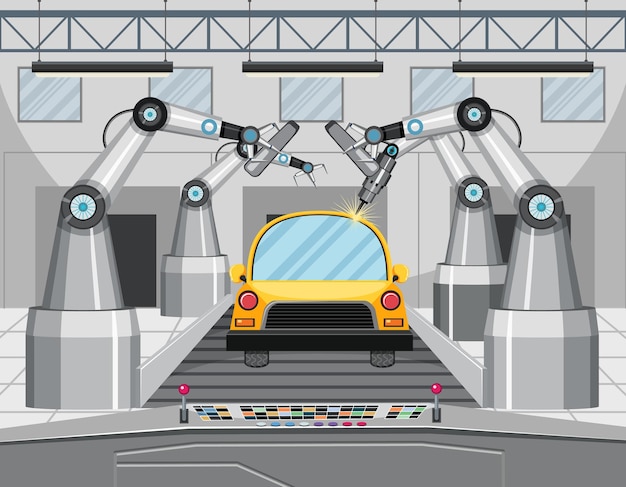 Vettore concetto di automazione della produzione di automobili