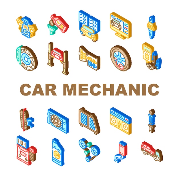 car mechanic auto icons set vector garage repair service maintenance technician worker man shop engine vehicle car mechanic auto isometric sign illustrations