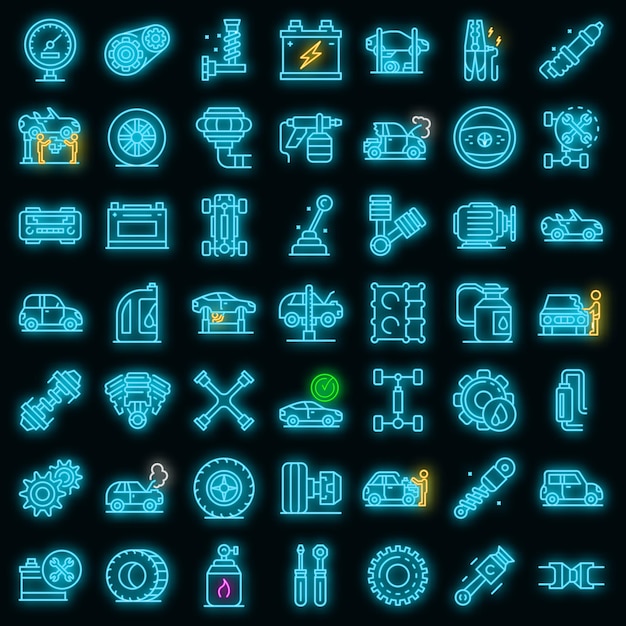 Car mechanic icons set. Outline set of car mechanic vector icons neon color on black