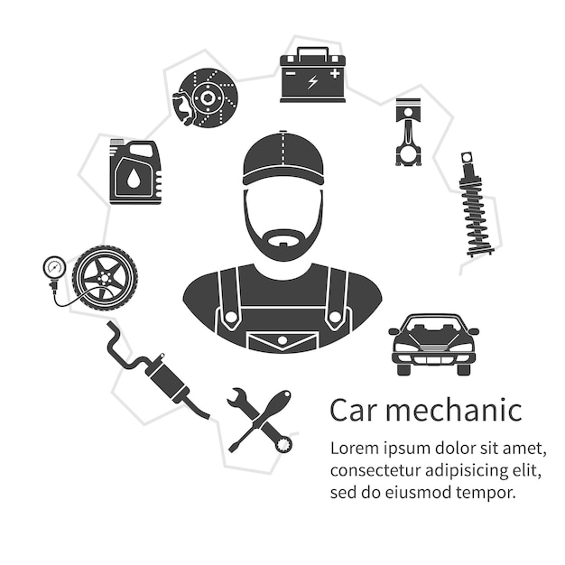 Concetto di strumenti e pezzi di ricambio per le icone del meccanico di automobili attrezzature per macchine di riparazione concetto di servizio per auto illustrazione vettoriale icona del meccanico automobilistico design di auto di riparazione icone nere su sfondo bianco