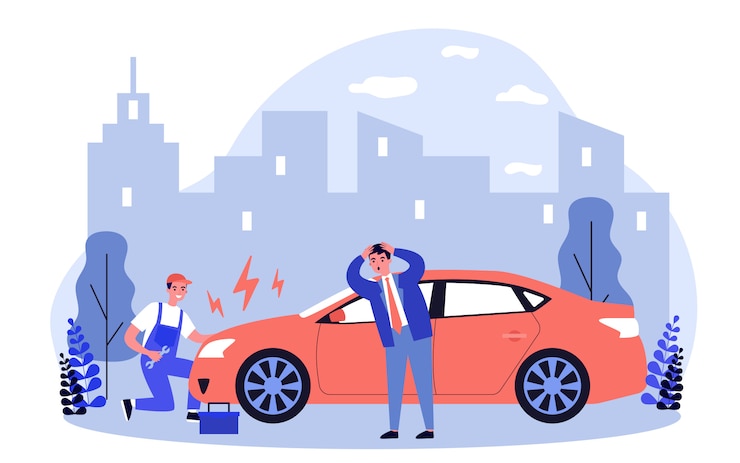 Vector car mechanic repairing broken car on road