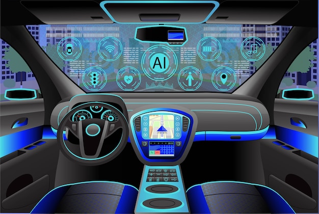 Car modern interior, cockpit view inside.  illustration. Artificial Intelligence
