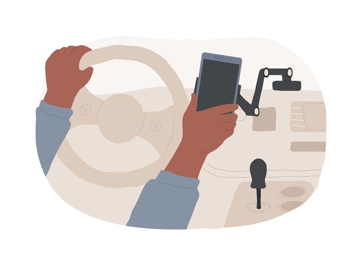 Vector car mount isolated cartoon vector illustrations man puts his phone on universal car mount for