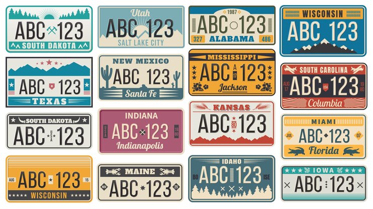Vector car number license plate. retro usa cars registration number signs, texas, wisconsin and kansas license plates illustration set.