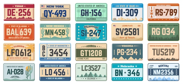 Car number plates. vehicle use states license registration plates, automobile license plates set