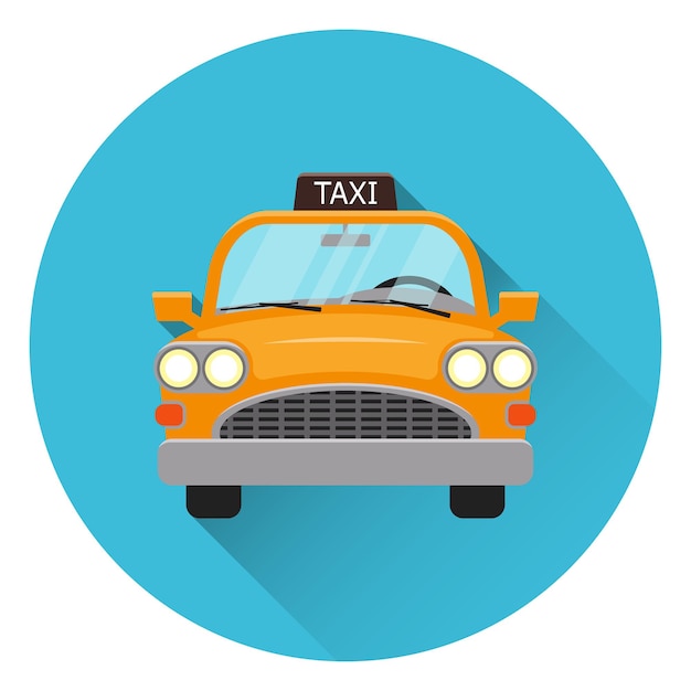 Vector car, orange retro taxi. on blue background, flat style, with glare and shadow. icon. 10 eps