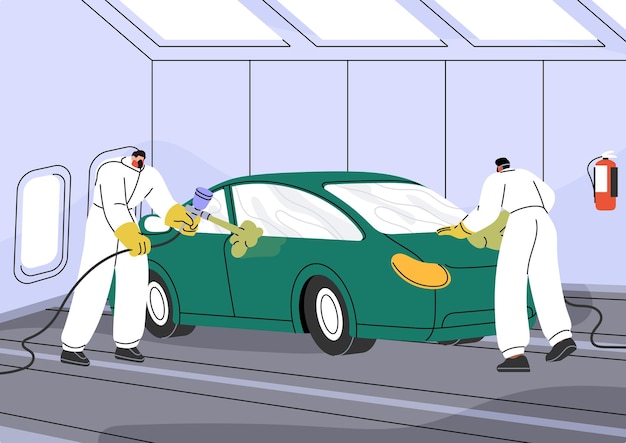 Car painters apply paint using spraying gun Automobile painting process in workshop Auto service center workers do bodywork with airbrush in garage of repair station Flat vector illustration