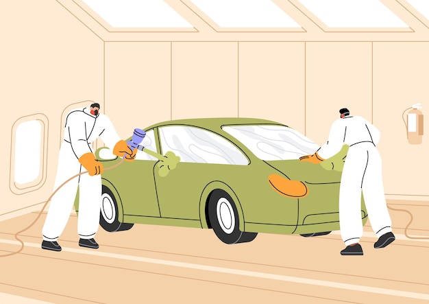 Car painters do bodywork using spraying gun in garage workers of repair station apply paint with airbrush on automobile automotive painting in workshop of auto service flat vector illustration