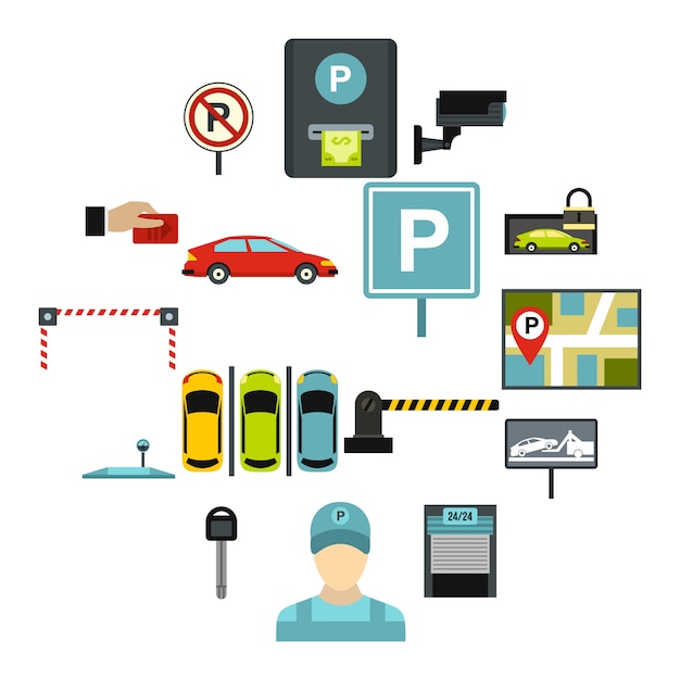 Car parking icons set, flat style