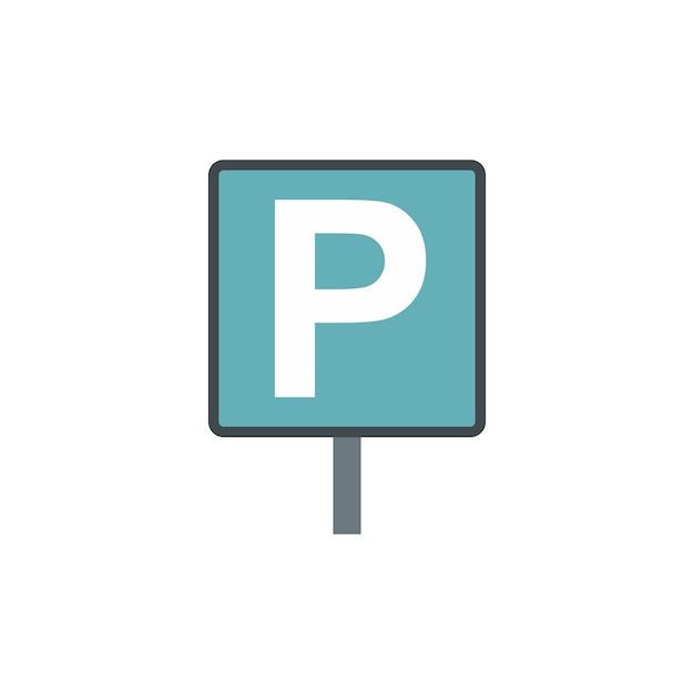 Vettore icona del segno di parcheggio auto in stile piano isolato su priorità bassa bianca