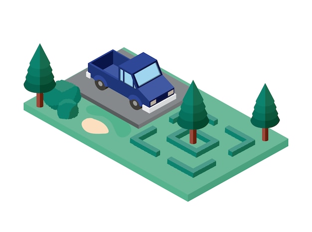 Vector car parking and trees scene isometric icon