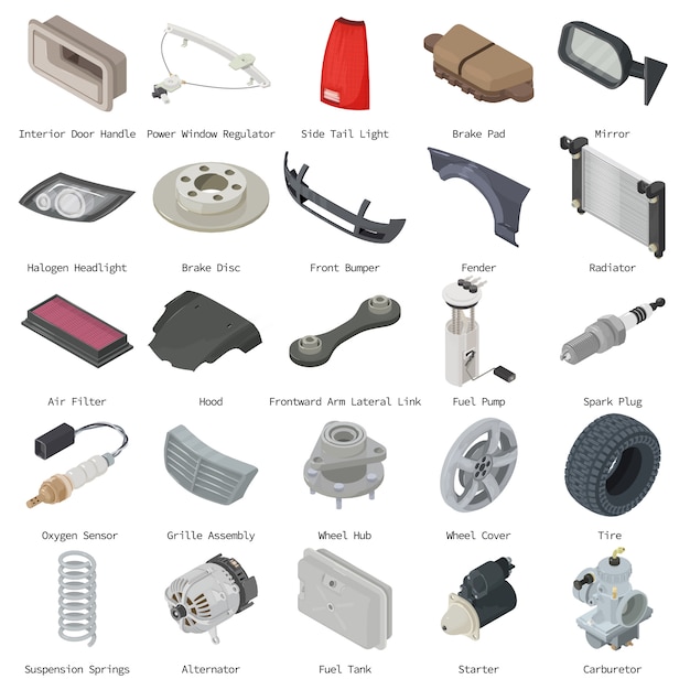 Car parts icons set. Isometric illustration of 25 car parts vector icons for web