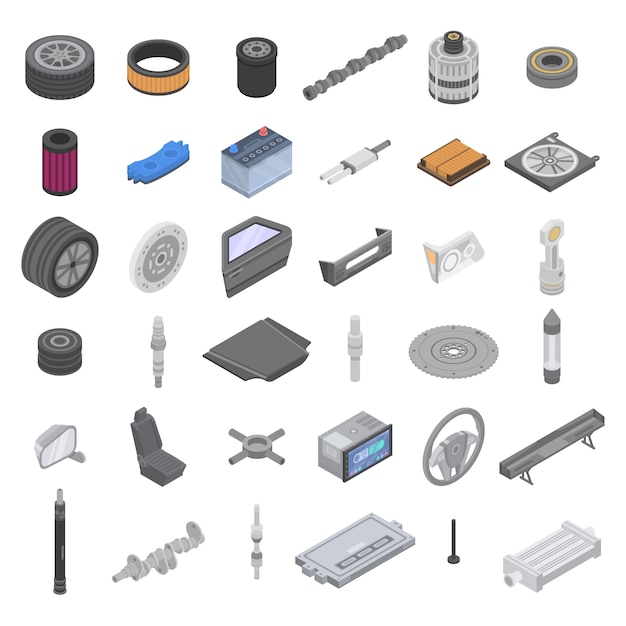 Car parts icons set, isometric style