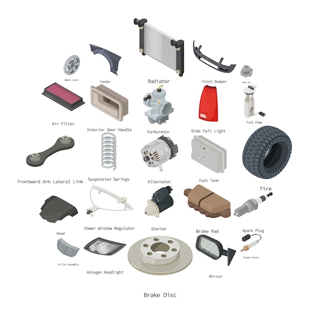 Vector car parts icons set, isometric style