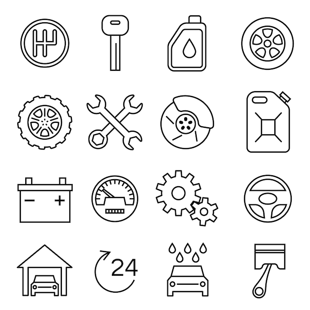 Vector car parts, services, auto repair thin line vector icons set. battery and oil, brake and transmission