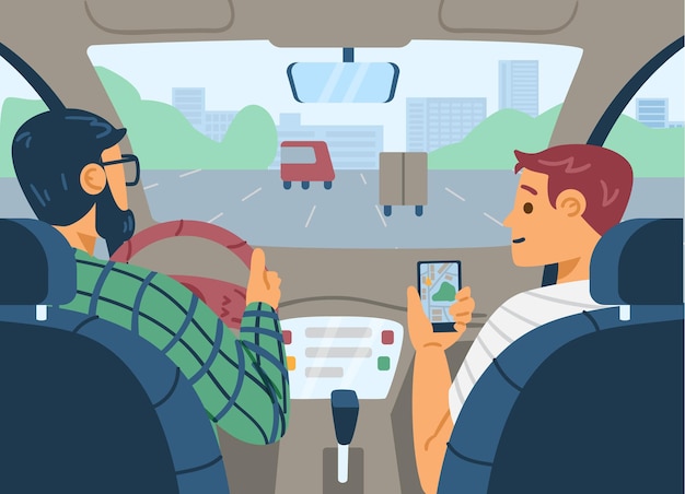 Vettore passeggero dell'auto che mostra all'illustrazione piana di vettore della mappa dell'app del navigatore del conducente