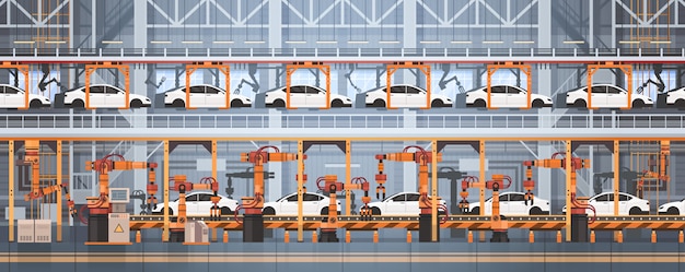 Car production conveyor automatic assembly line machinery\
industrial automation industry concept