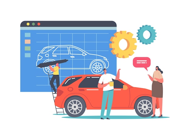 Car prototyping process, transportation prototype creation. tiny designer character painting huge model of automobile in program. seller offer new model to buyer . cartoon people vector illustration