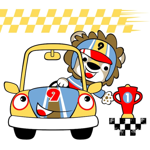 Car racer with trophy, cartoon vector