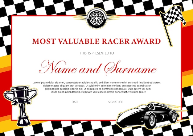 Vector car racing winner certificate races diploma award