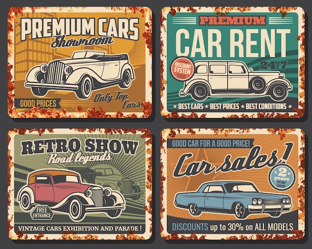 Car rent and sale auto show rusty metal plates