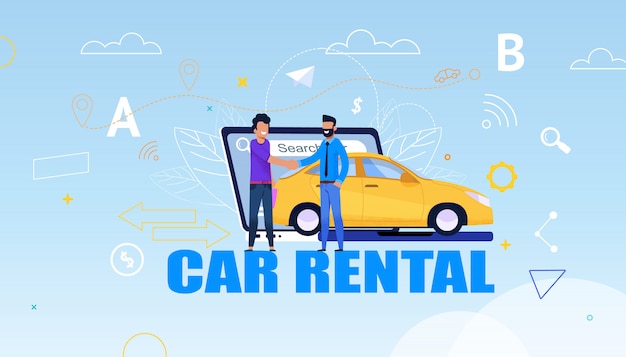 Car Rent Service  and Man Person Meet, Smiling  and H and Shake near Yellow Rental