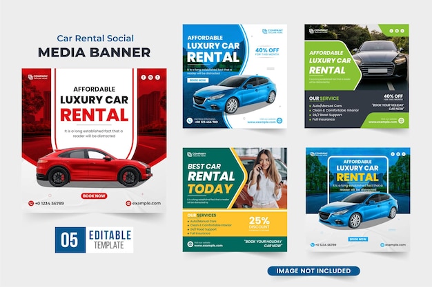 青と赤の色のレンタカー ビジネス プロモーション テンプレート バンドル レンタカー ビジネス ソーシャル メディアは、オンライン マーケティングのためのコレクションを投稿します。自動車および車両レンタル テンプレート セット ベクトル