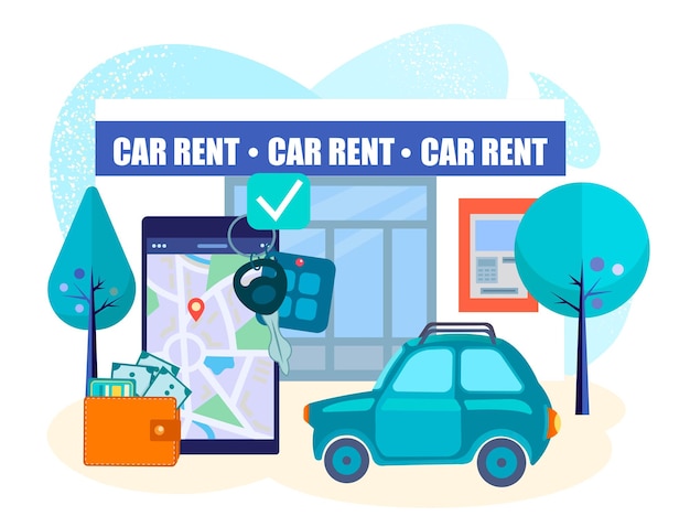 Car rental office and mobile app for car rental credit cards to pay for the car rental service