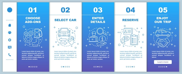 モバイルwebページのベクトルテンプレートをオンボーディングするレンタカーサービス線形イラストを使用した応答性の高いスマートフォンwebサイトインターフェイスのアイデア車をレンタルするwebページのウォークスルーステップ画面