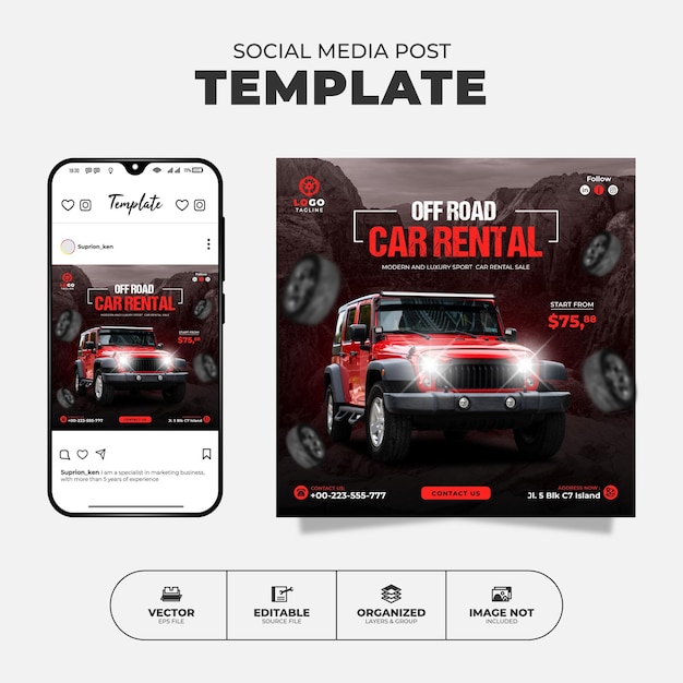 Car rental social media instagram post template for promotion