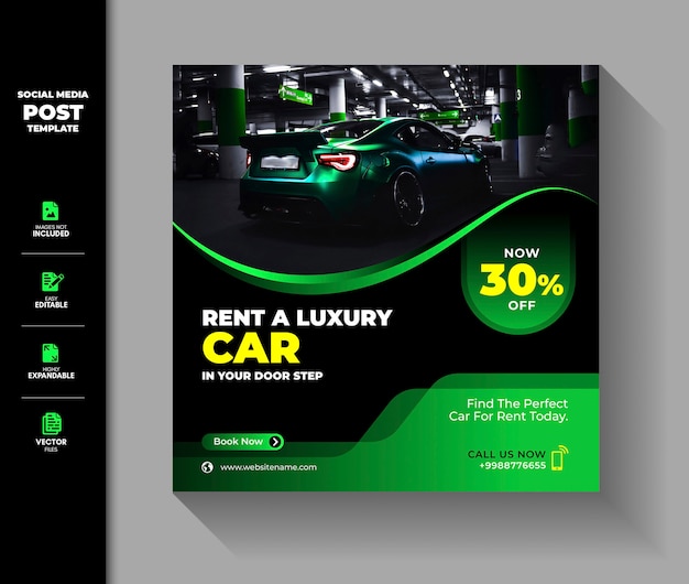 Vector car rental social media post square banner