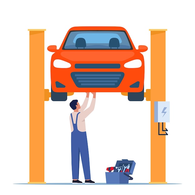 Car repair Auto mechanic near the car lifted on autolifts Vector illustration of a flat design