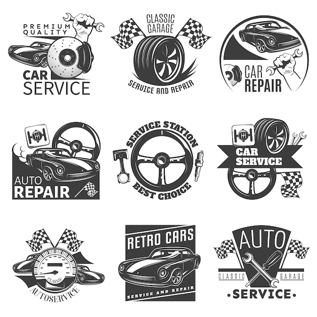 Vettore l'emblema del nero di riparazione dell'automobile ha messo con le descrizioni dell'illustrazione classica di scelta di vettore del garage della migliore stazione di servizio dell'automobile