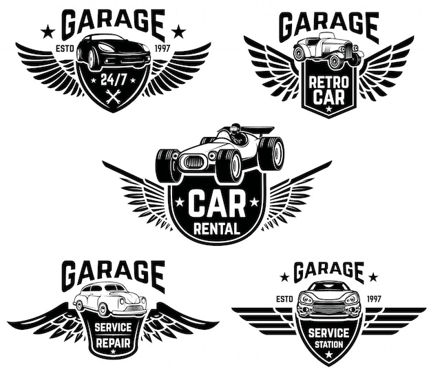 Ремонт автомобилей, гараж, эмблемы автосервиса. элементы для логотипа, этикетки, знака. образ