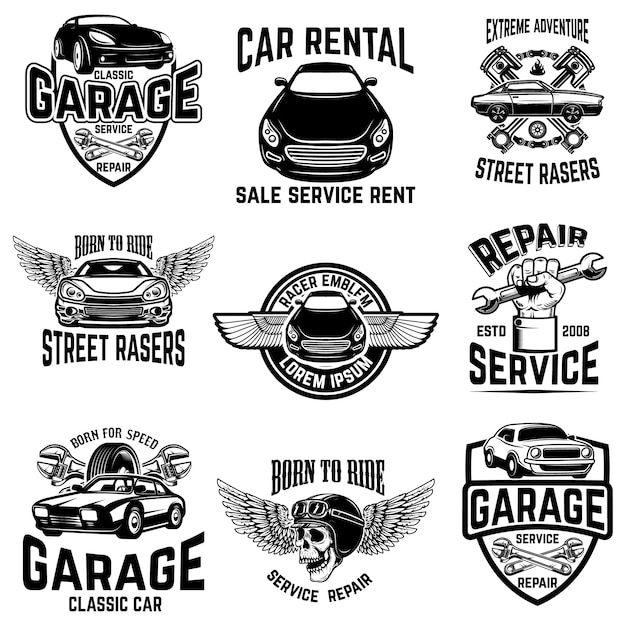 Riparazione auto, garage, emblemi di servizio auto. elementi per logo, etichetta, segno. immagine